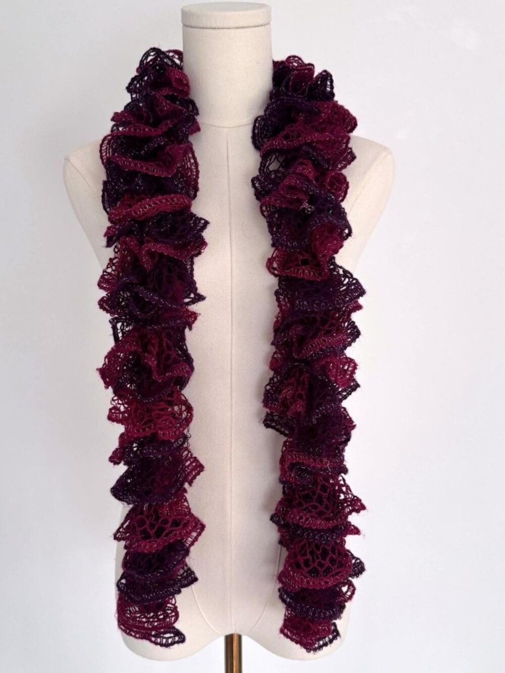 Vintage red plum ruffled frilly crochet hand knitted whimsical fairy long scarf